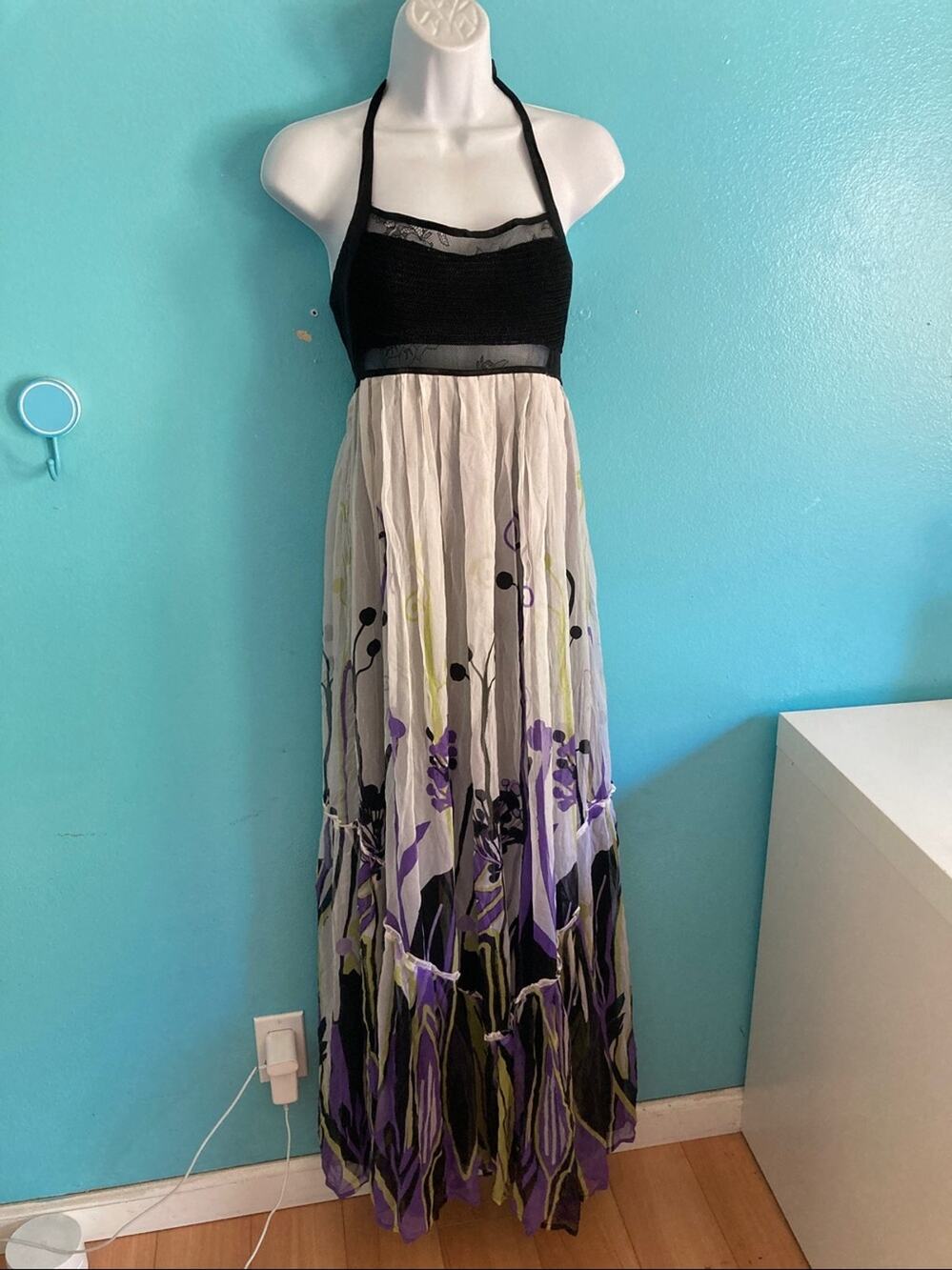 Vintage Y2K Bebe Size S Silk Chiffon Halter Maxi Dress BOHO